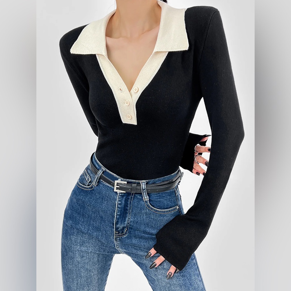 Commense Black Knit Long Sleeve Polo with Cream Contrast Collar